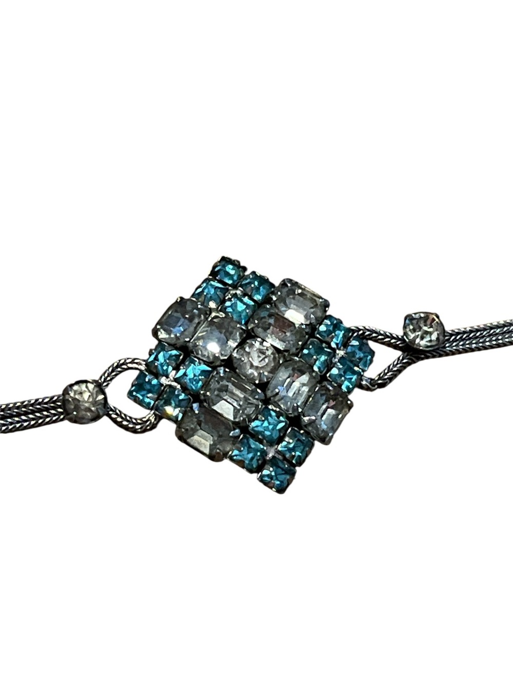 Vintage Art Deco Style Blue & Clear Rhinestone Statement Cluster Bracelet